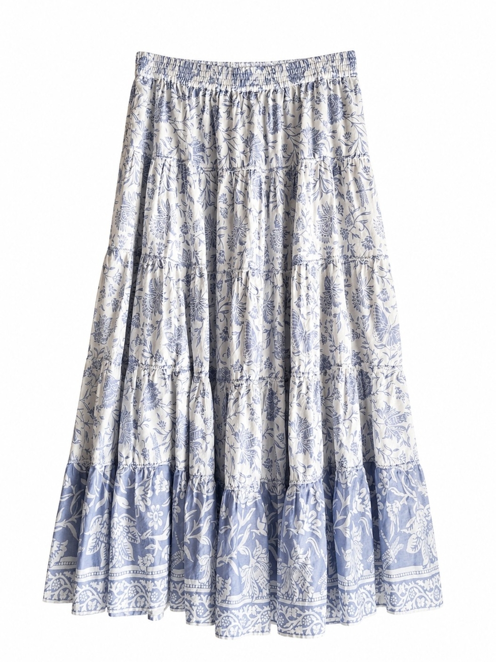 Free People Full Swing Printed Tiered Midi Skirt Blue Heron Combo NWT Size L FP - Picture 2 of 16